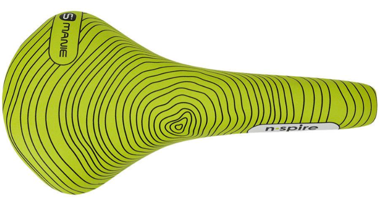 Smanie Nspire Saddle with a distinctive green stripe, showcasing a modern bicycle seat design