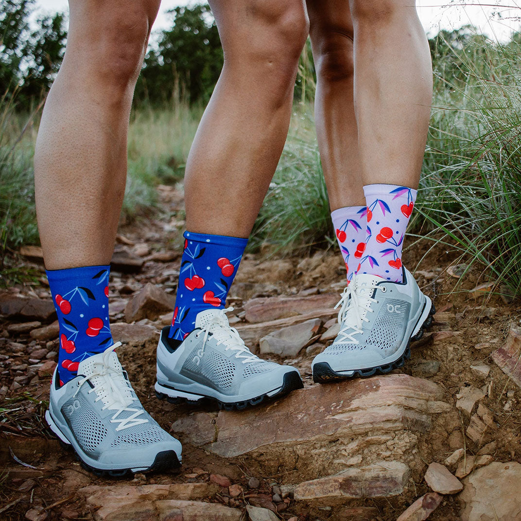Pink cherry crew socks with breathable mesh upper