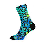 Electric Leopard Blue casual crew socks with neon leopard print