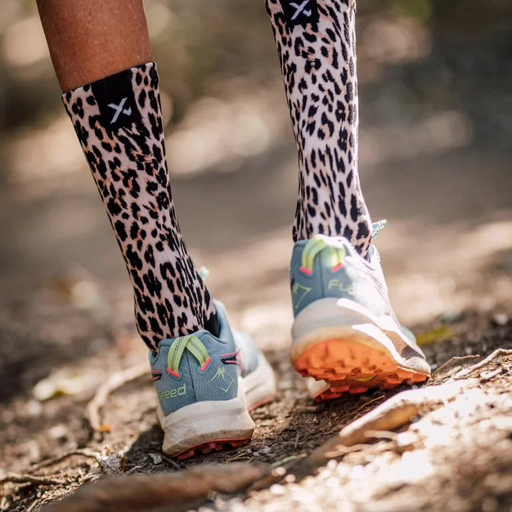 Durable leopard crew socks with reinforced heel and toe