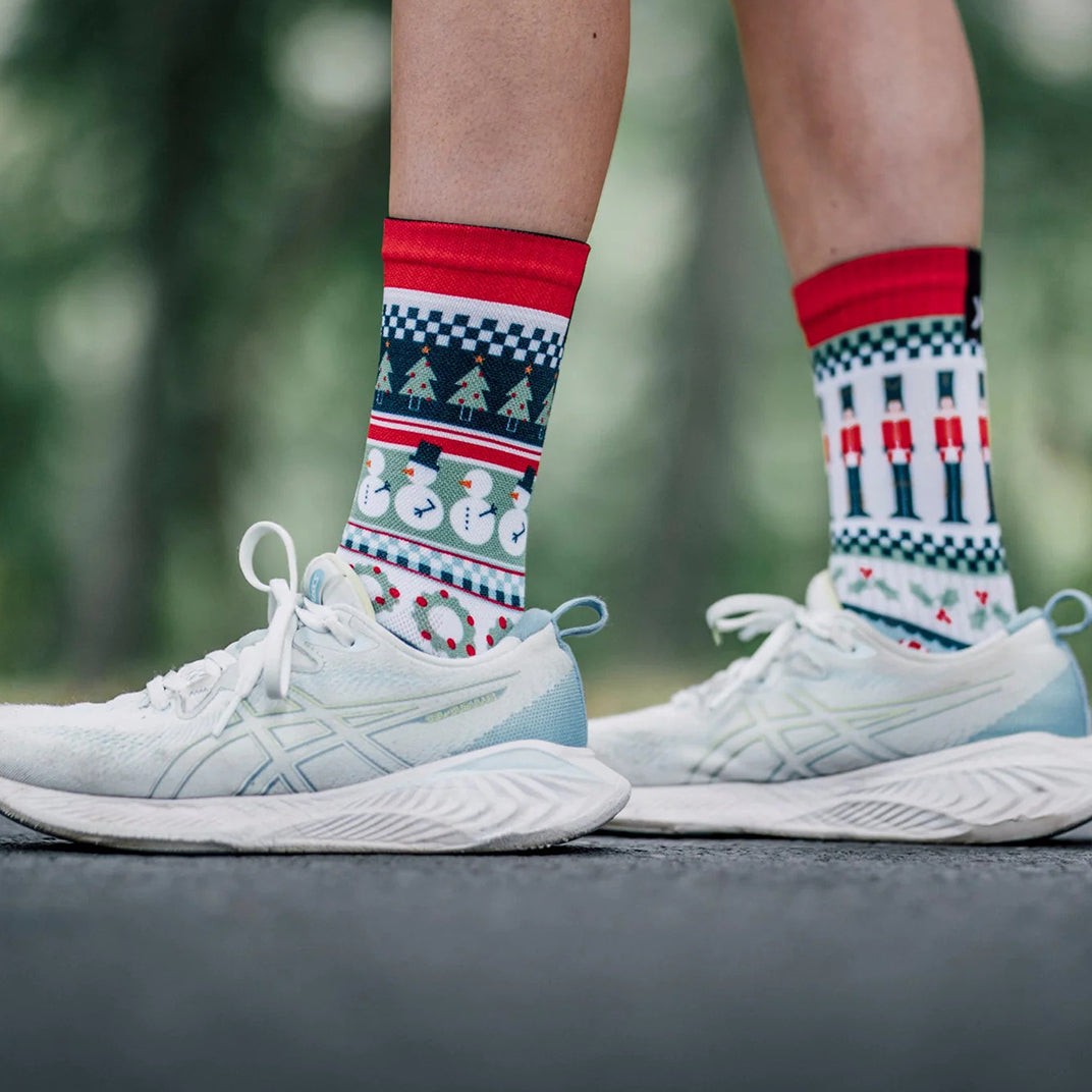 Festive Nutcracker cycling crew socks in red and green