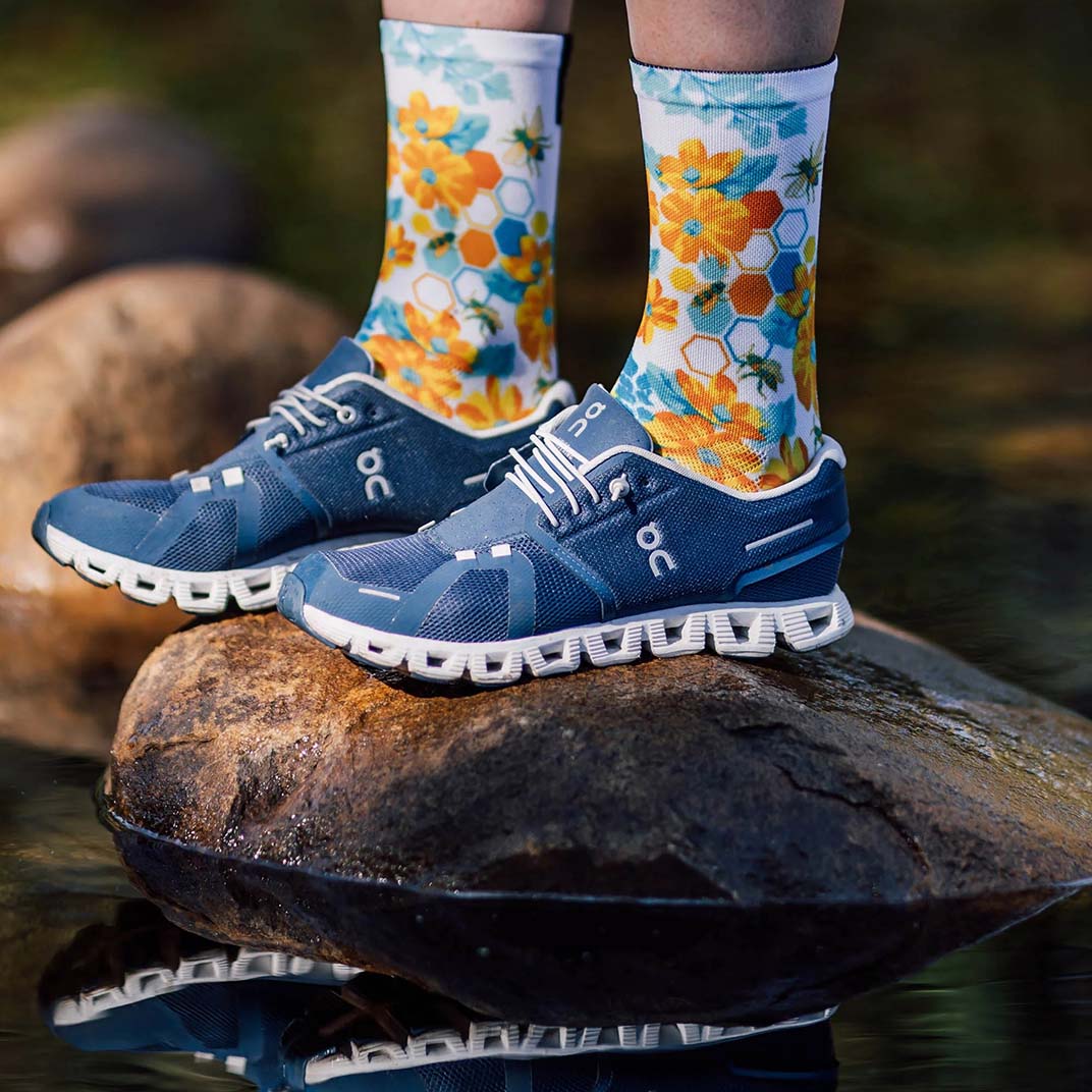 Bee themed crew socks with breathable mesh design