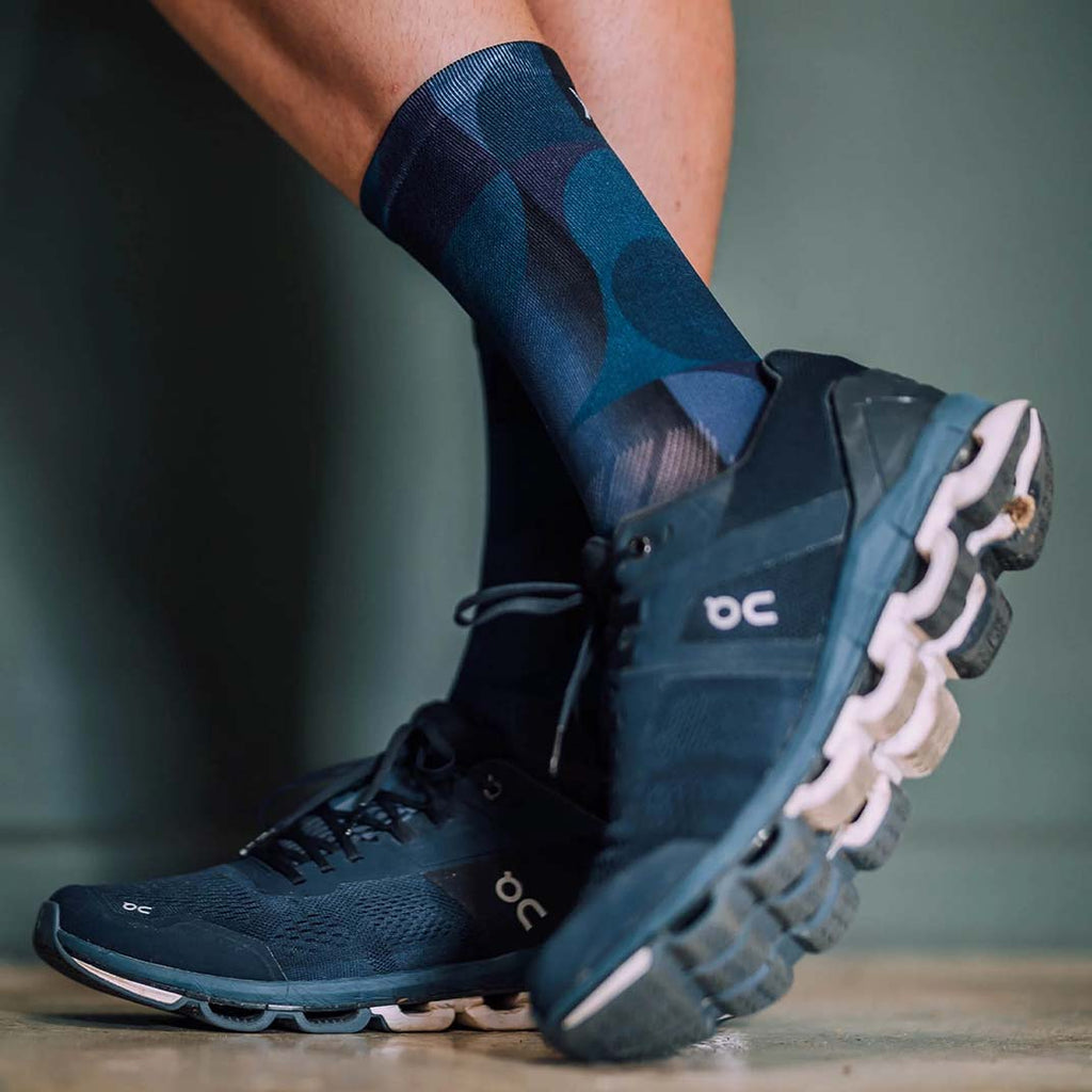 Lightweight navy crew socks with breathable mesh fabric