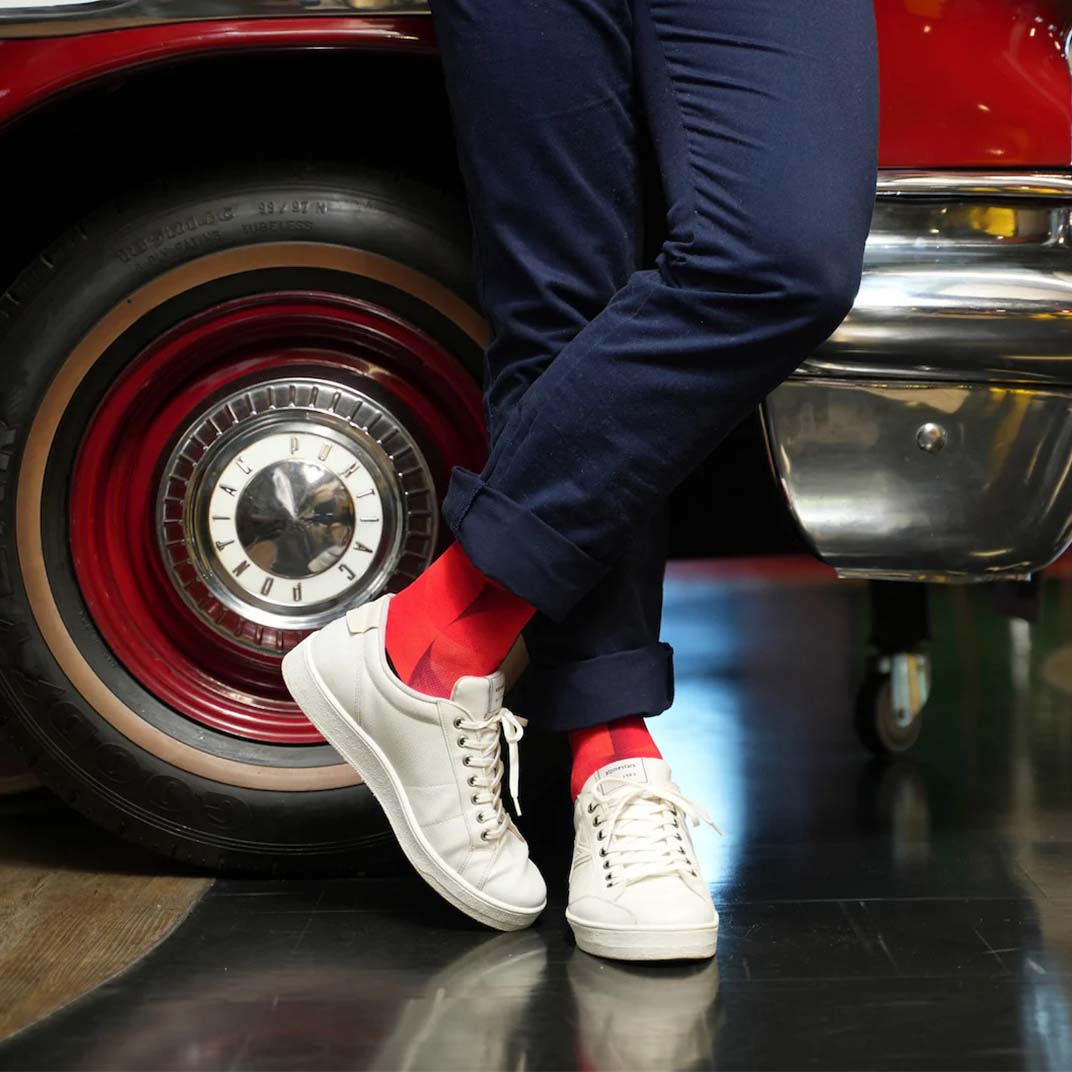 Lightweight red crew socks with breathable mesh fabric