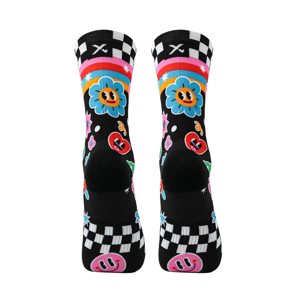 Patterned sports crew socks with breathable mesh fabric