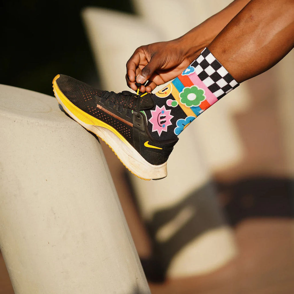 Fun retro sticker casual crew socks for cycling and workouts