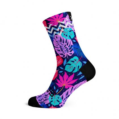 Tropical Nights casual crew socks with blue and pink leaf design