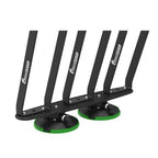 A pair of black and green plastic stands designed for the TreeFrog L3 front wheel holder