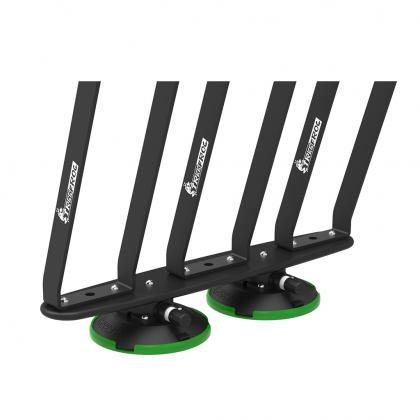 A pair of black and green plastic stands designed for the TreeFrog L3 front wheel holder
