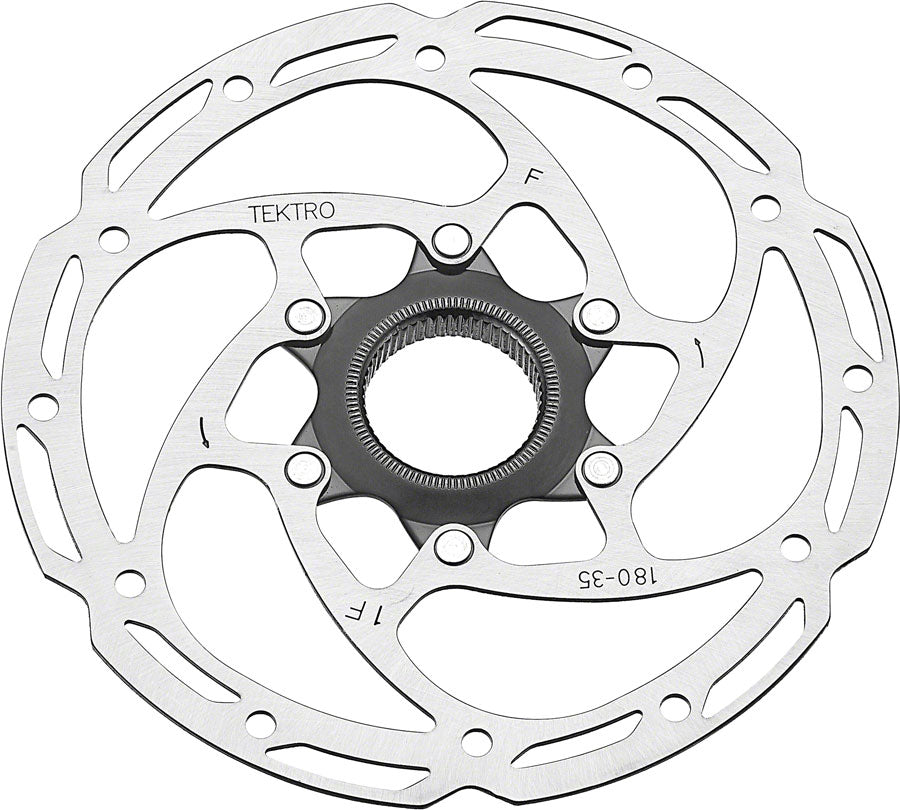 A silver Tektro TR-35 disc brake rotor with a two-piece design and Center-Lock mounting system.