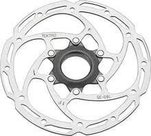 A silver Tektro TR-35 disc brake rotor with a two-piece design and Center-Lock mounting system.