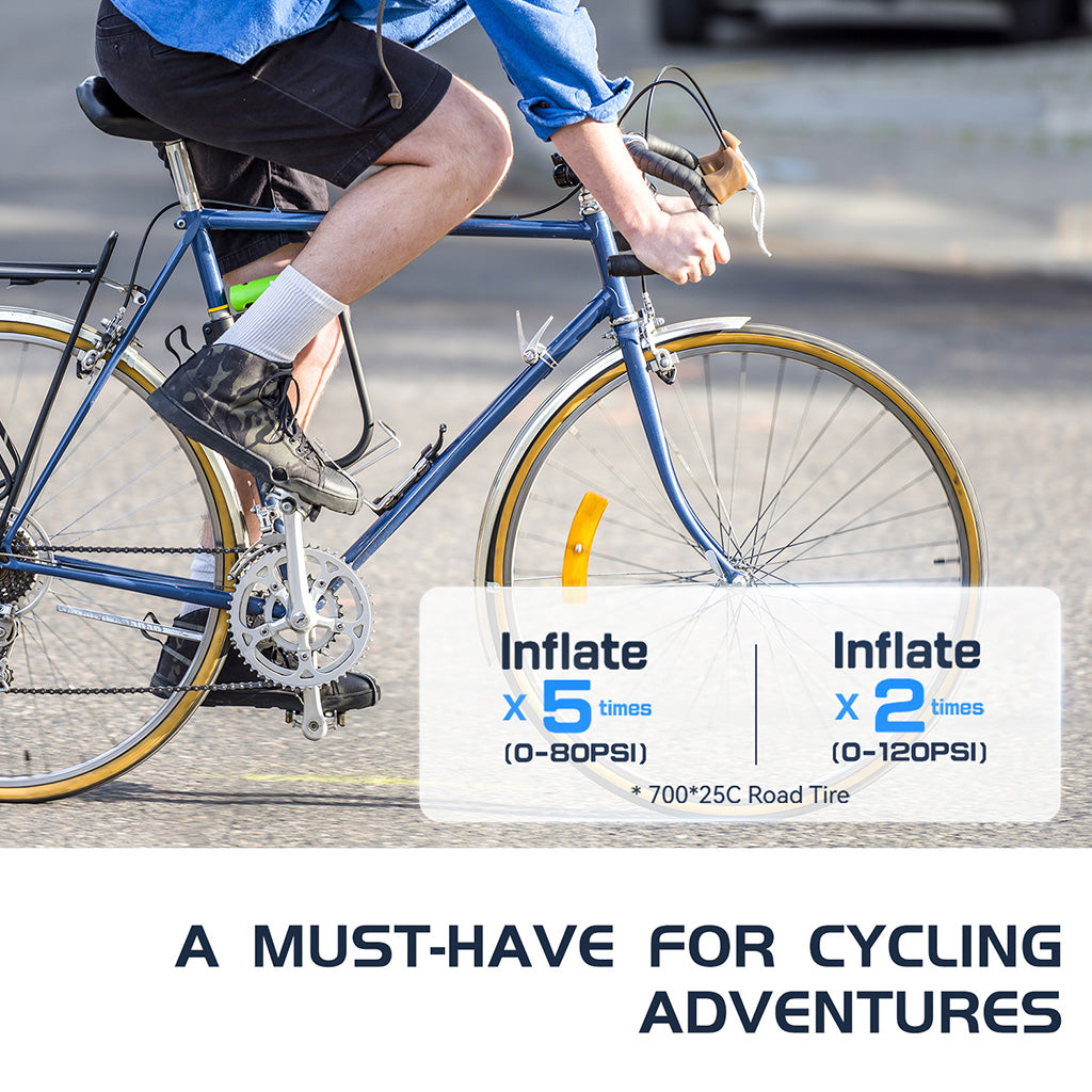 Cyclist using Topump AS200 Mini Pump for quick road bike tire inflation