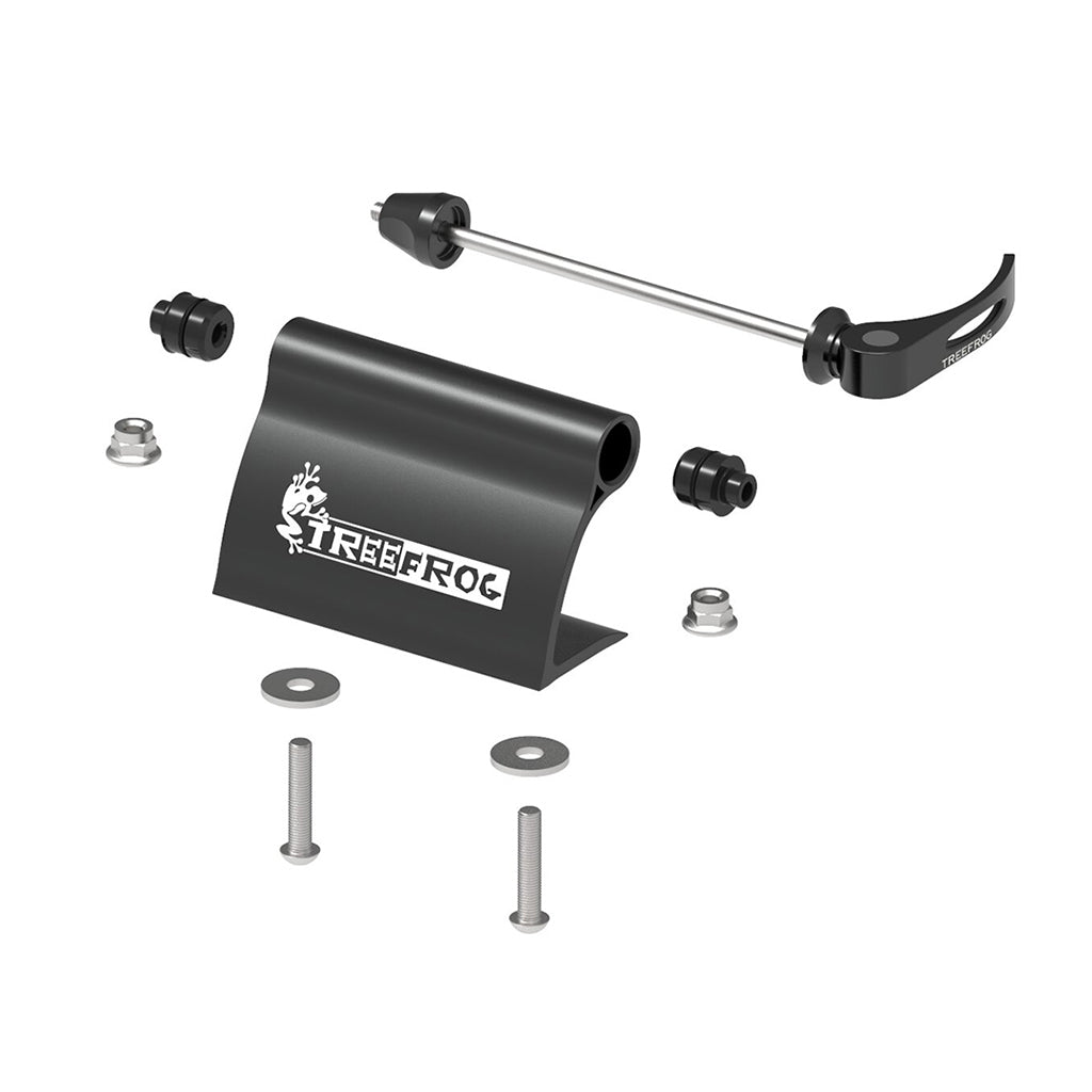 A black metal clamp featuring screws and bolts, designed for the TreeFrog 9QR-15X100mm Thru Axle Fork Mount Bracket
