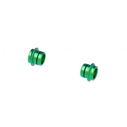 Two green metal threaded nuts on a white background, part of the TreeFrog Aluminium Plug Set for universal fork mount bracket.
