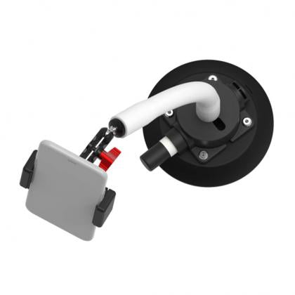 A sleek black and white TreeFrog phone holder featuring a vibrant red cord and a handy camera adapter