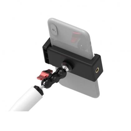  A sleek black and white TreeFrog phone holder featuring a vibrant red cord and a handy camera adapter