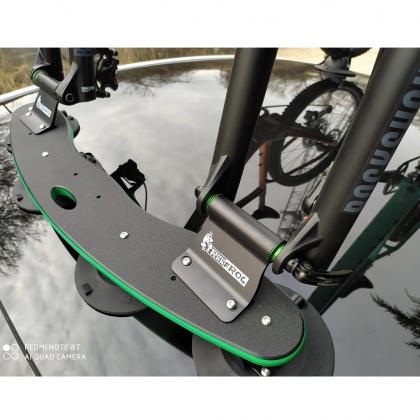 TreeFrog Pro 2 Plus Secured to Car Roof: A close-up of the TreeFrog Pro 2 Plus Bike Rack firmly attached to a car roof using its powerful suction cups.