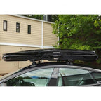  Medium-sized car roof box on black TREEFROG roof rack crossbars, perfect for extra storage on road trips