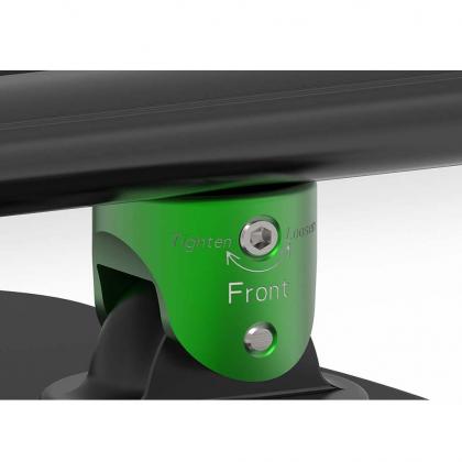 A close-up of a skateboard's front featuring the word "front," with TREEFROG roof rack crossbars in black.