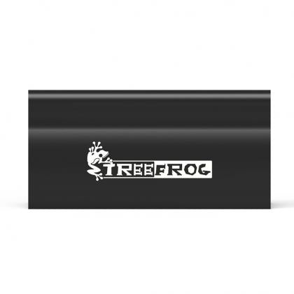 Black metal stand on a white background, featuring the TreeFrog Thru Axle Fork Mount Bracket for cycling enthusiasts.