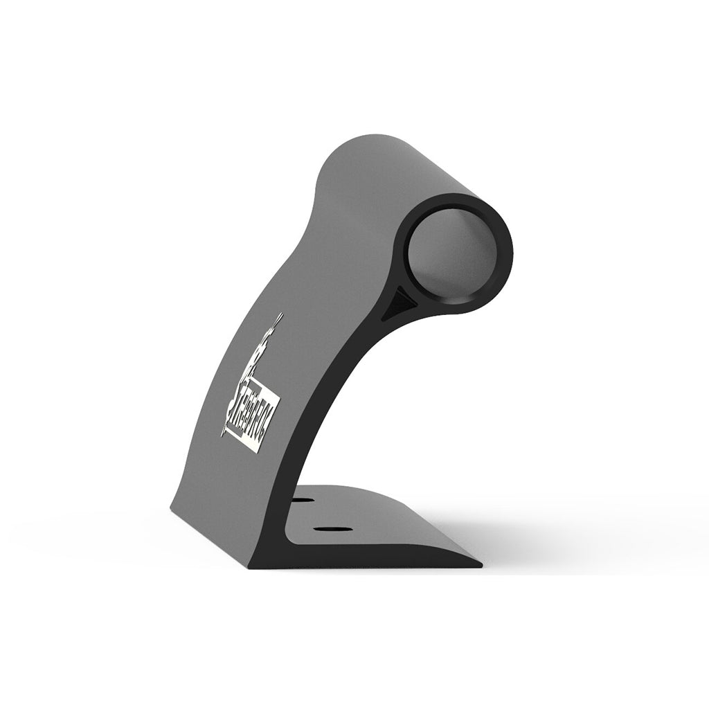 A sleek black metal stand set against a white backdrop, highlighting the TreeFrog Thru Axle Fork Mount Bracket