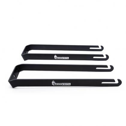 TreeFrog L2 Front Wheel Holder – Set of black metal brackets with TreeFrog logo for securing front wheels on Elite 2 Pro 2 bike racks