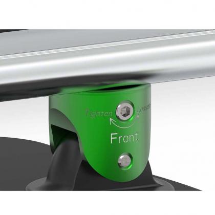 The front view of a rack displaying the word "front," alongside shiny silver TREEFROG roof rack crossbars.
