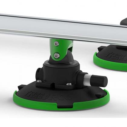  Two stylish green and black plastic holders for a table, paired with shiny silver TREEFROG roof rack crossbars