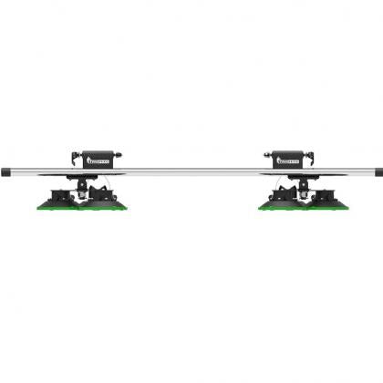 A pair of silver metal railings with green pads, designed for TREEFROG roof rack crossbars.

