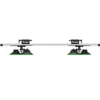A pair of silver metal railings with green pads, designed for TREEFROG roof rack crossbars.
