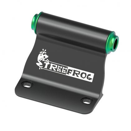 A black and green metal bracket labeled "reefroc," designed as a TreeFrog Universal Fork Mount Base Bracket.