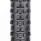 A product photo of the WTB Trail Boss 29-inch tire, showing the generous spacing between knobs for traction in loose or wet conditions.