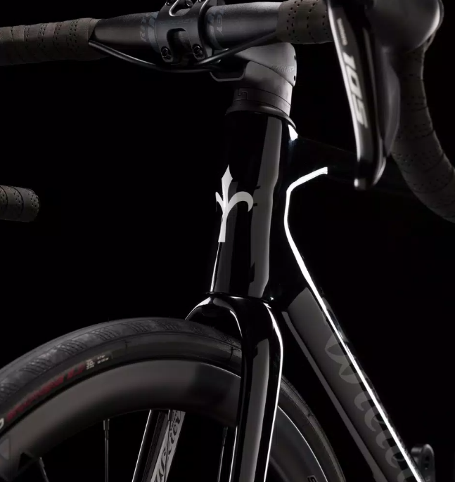 Front view of a black Wilier Garda Disc Frameset, showcasing its sleek design for a carbon endurance road bike.