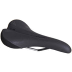 Frontal view of the black WTB Rocket Saddle, highlighting its sleek design and versatile functionality.