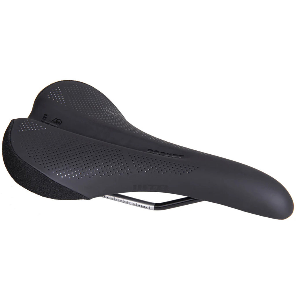 Frontal view of the black WTB Rocket Saddle, highlighting its sleek design and versatile functionality.