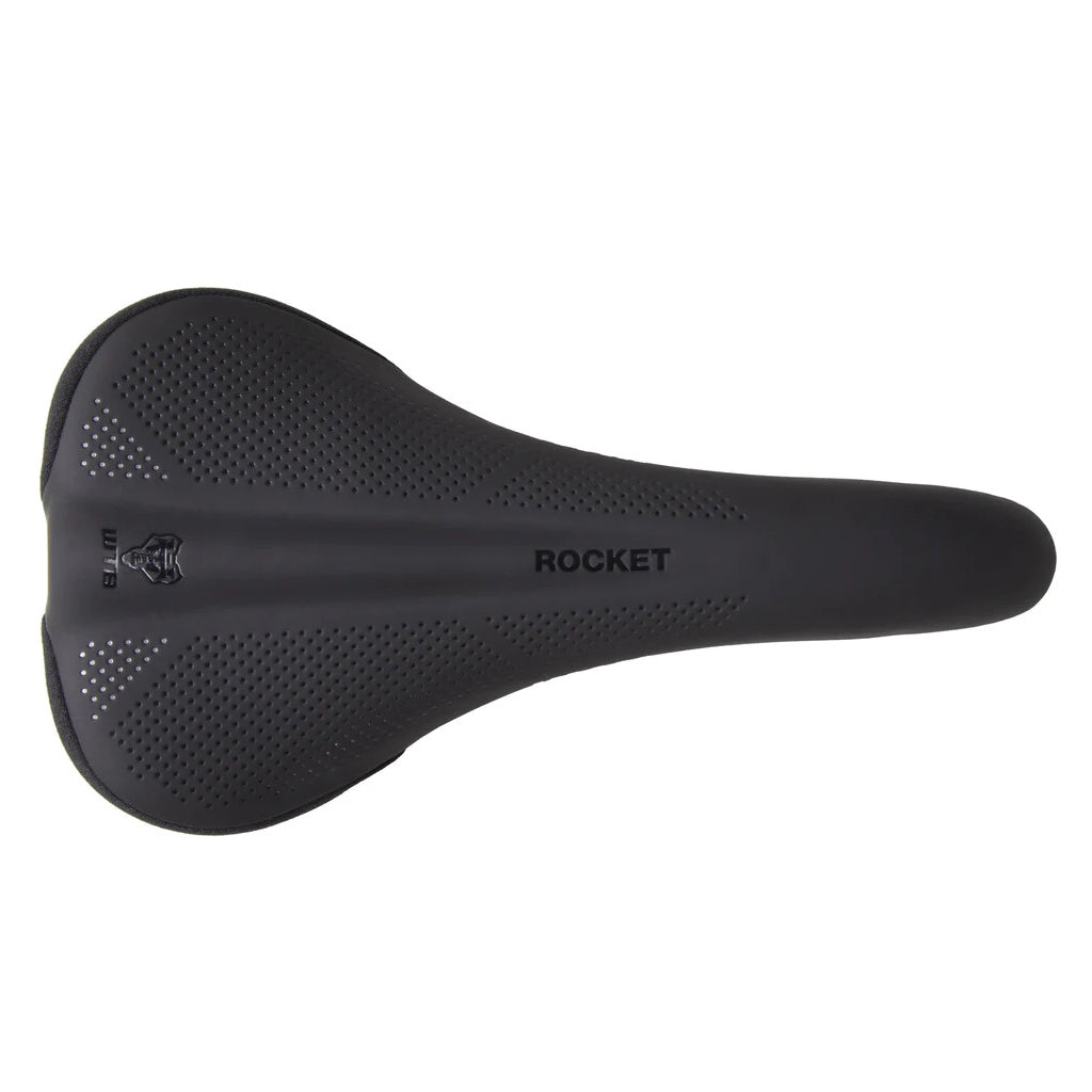 Close-up on the thick padding of the WTB Rocket black saddle, built for comfort during long rides.
