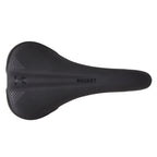 Close-up on the thick padding of the WTB Rocket black saddle, built for comfort during long rides.