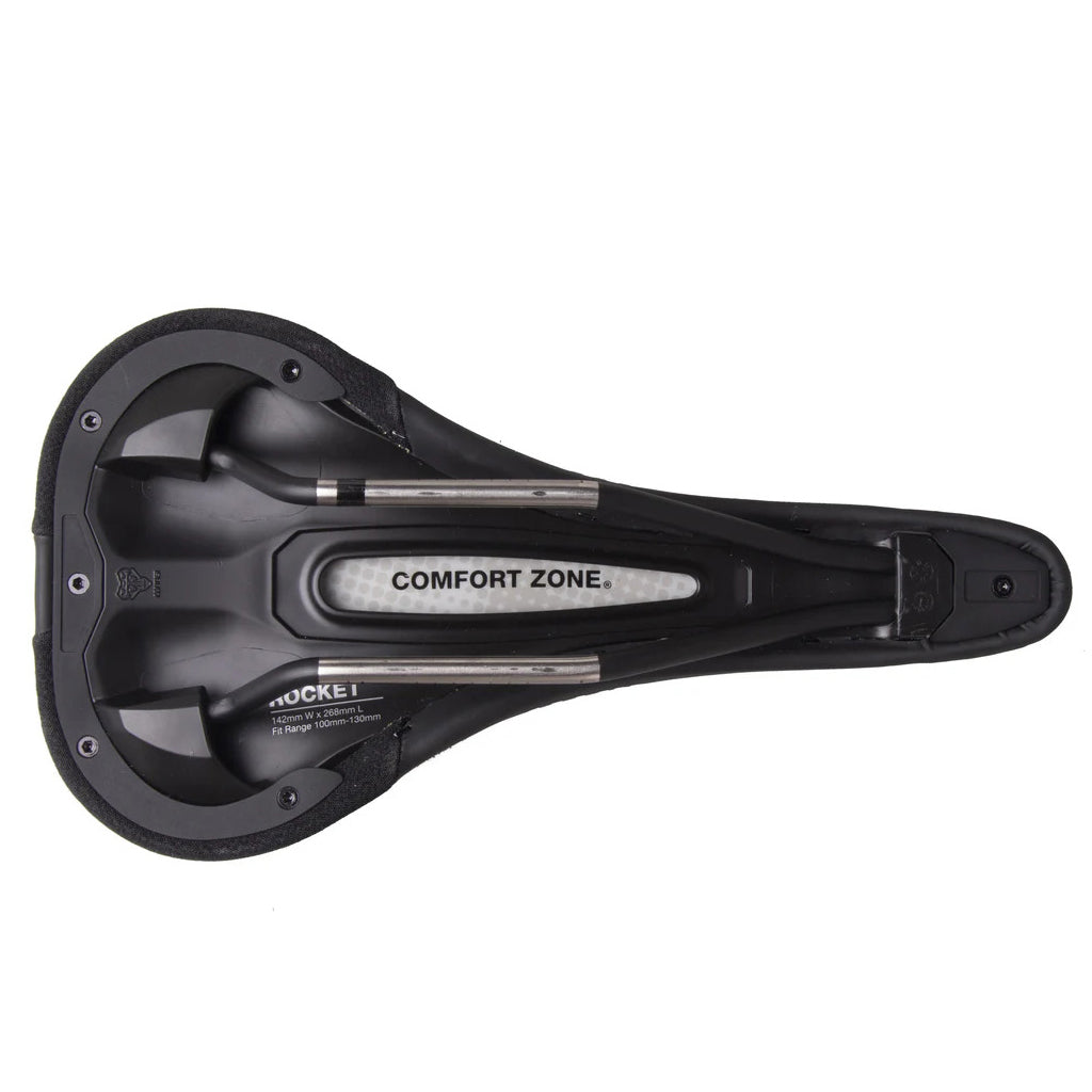 The WTB Rocket black saddle's contoured shape, designed to provide support and stability for all-day pedaling.