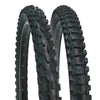 A pair of WTB VelociRaptor tires, a front and rear specific combo, displayed on rims to highlight the difference in their tread designs.