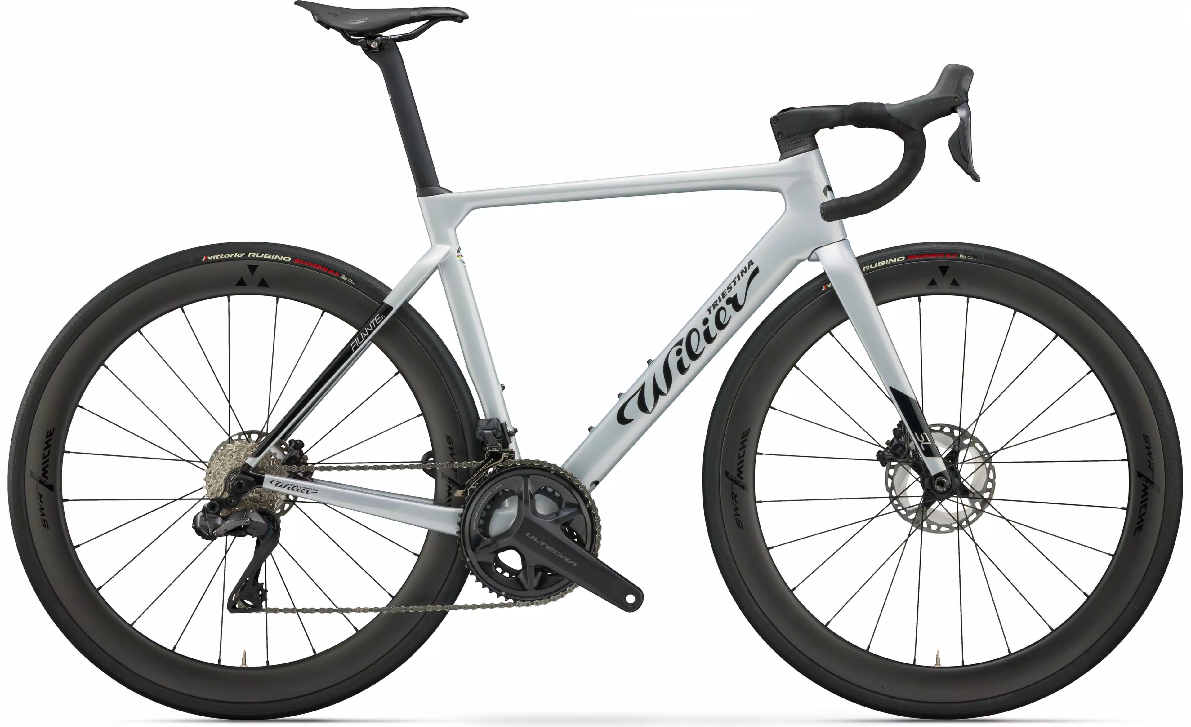  High-end silver Wilier Filante SL frameset, an aero carbon road bike, presented in a sleek design.