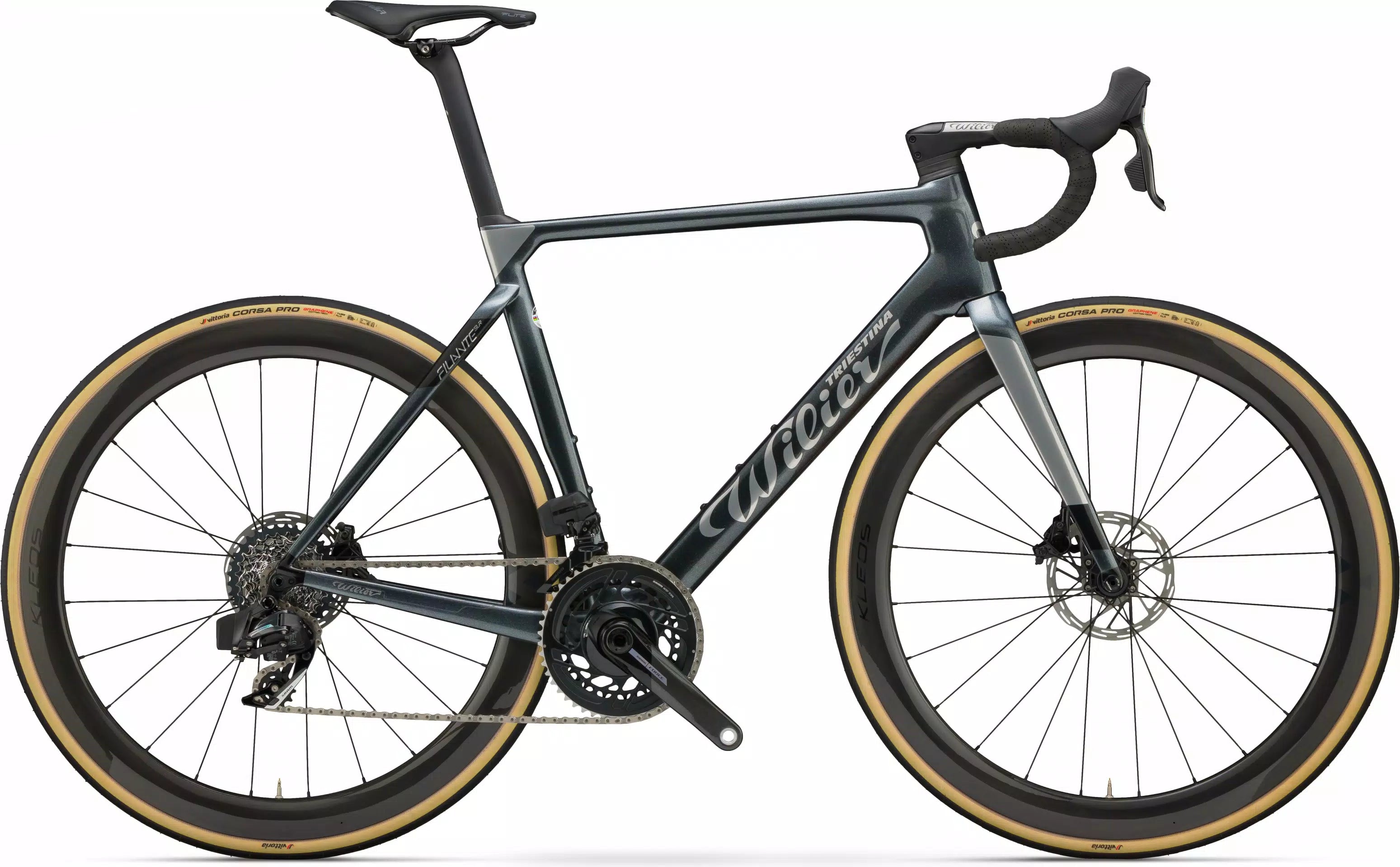  High-end aerodynamic bike used by professionals featuring the Wilier Filante SLR frameset in a carbon moongrey finish with deep-section carbon wheels and integrated cockpit.