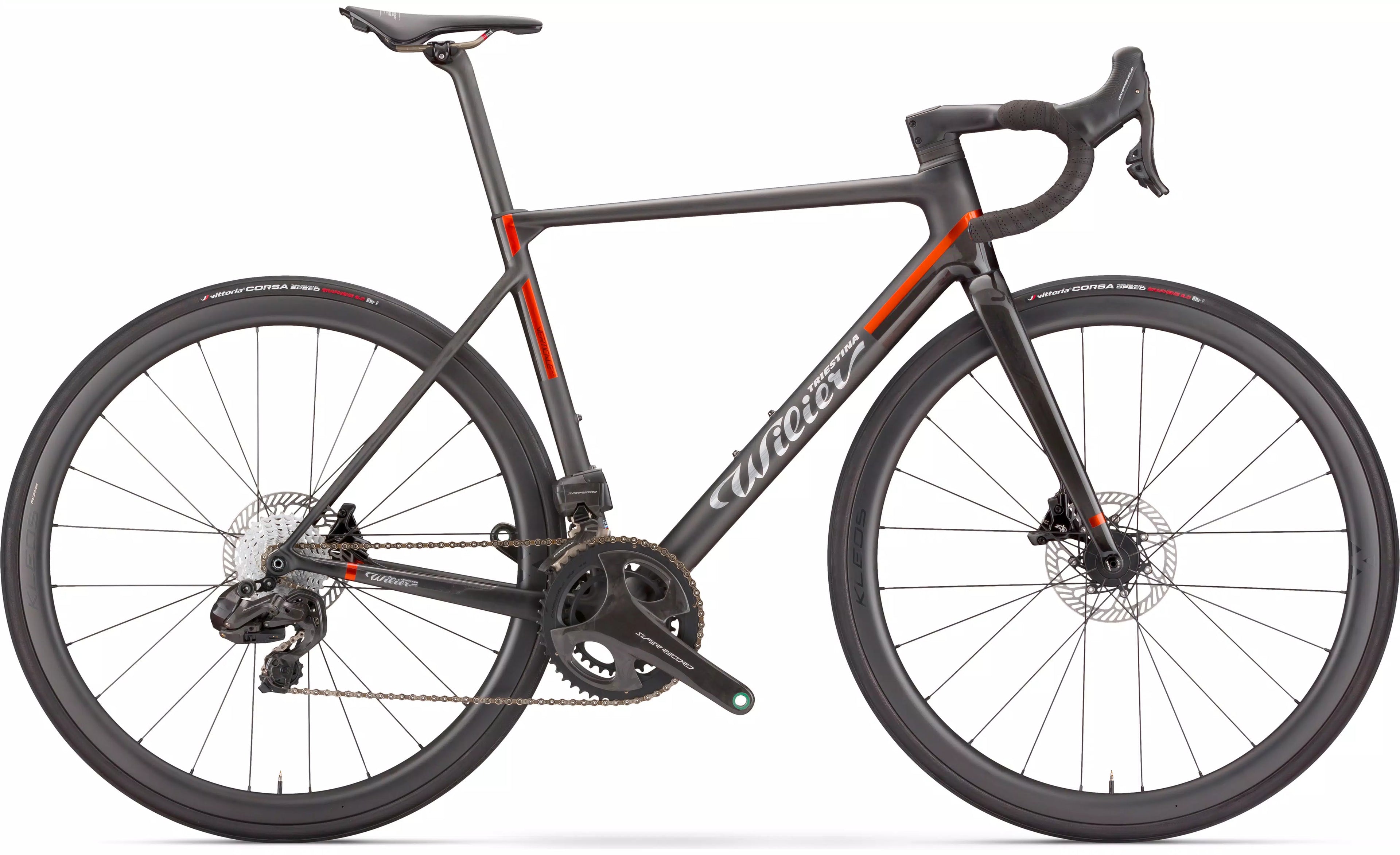 Specialized black and orange Wilier Verticale SLR carbon fiber road bike frameset showcased prominently.