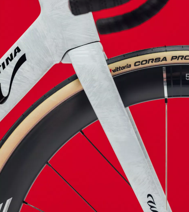 Close-up of a sleek Wilier Filante SLR carbon fork, aero bike 