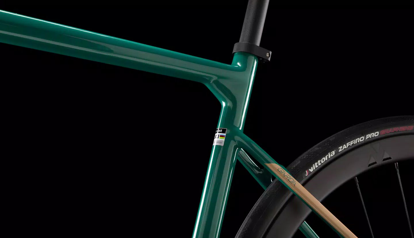 Close-up of a Wilier Garda Disc carbon road bike with a green frame, showcasing its endurance design and sleek features.