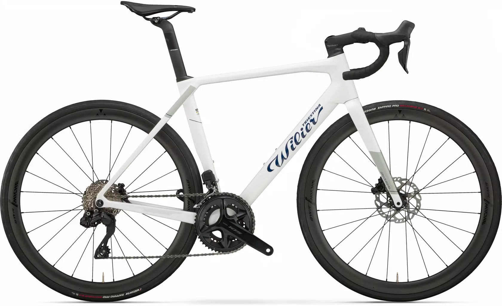 A white road bike, the Wilier Granturismo SL frameset, made of carbon fiber, set against a clean white background.