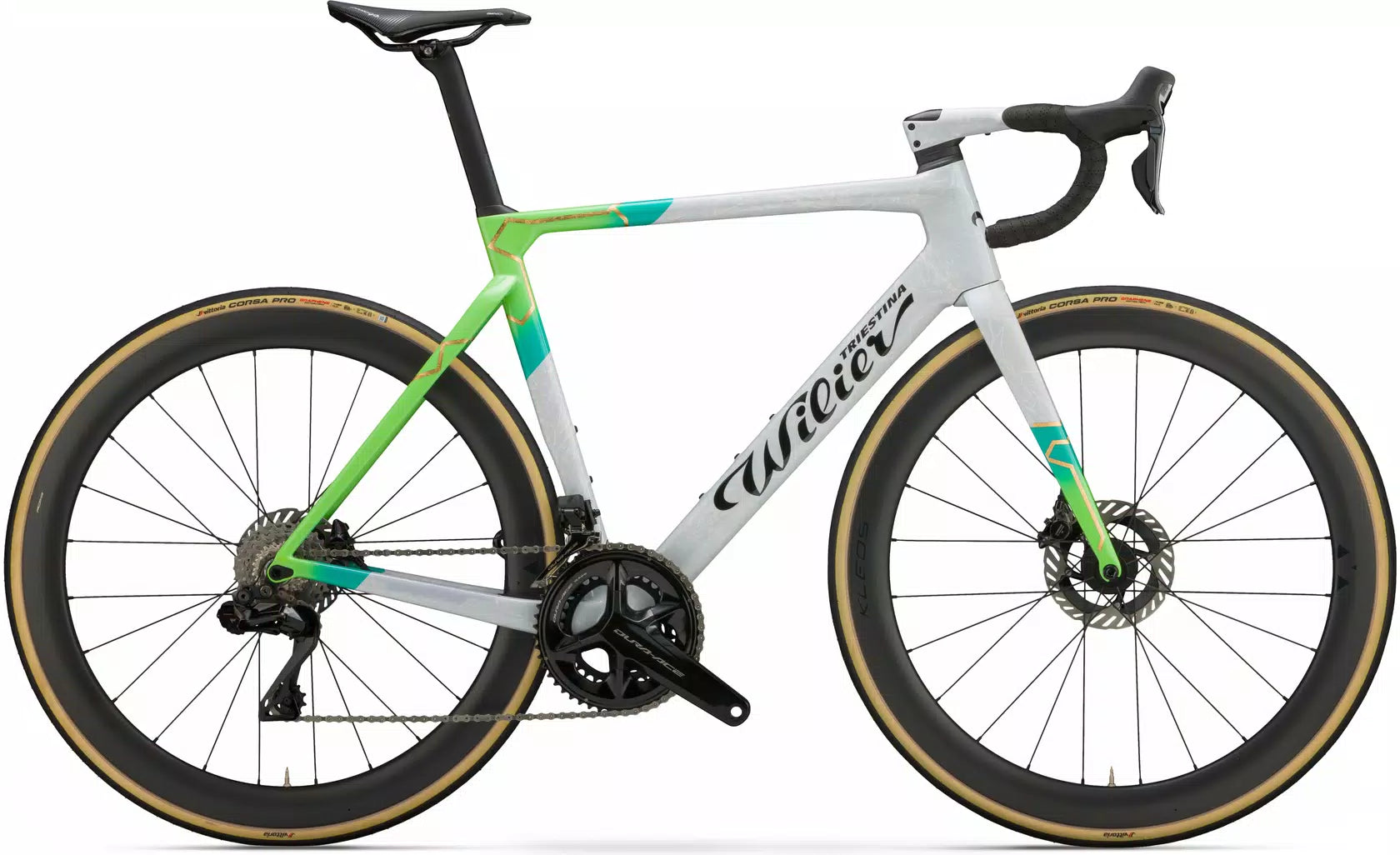Wilier Filante SLR - a high-performance, lightweight aero frameset in Graphite White, Green, and Gold.
