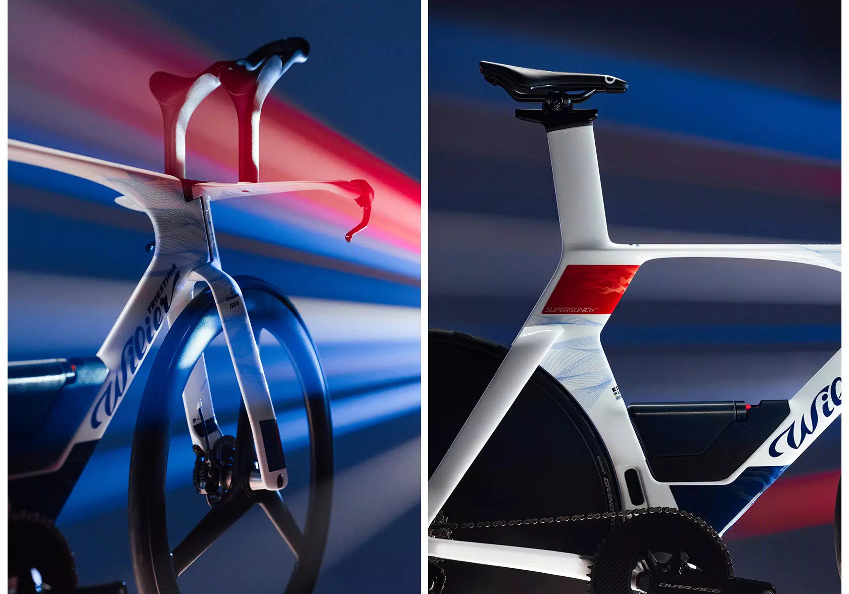 Three-quarter view of the Wilier Supersonica SLR frameset, emphasizing its aggressive stance, deep aerodynamic tubes, and overall race-ready design.