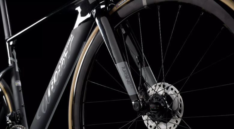 Detailed shot of the Wilier Turbine SLR frameset's aerodynamic tubes, emphasizing their sculpted shapes for minimal drag.