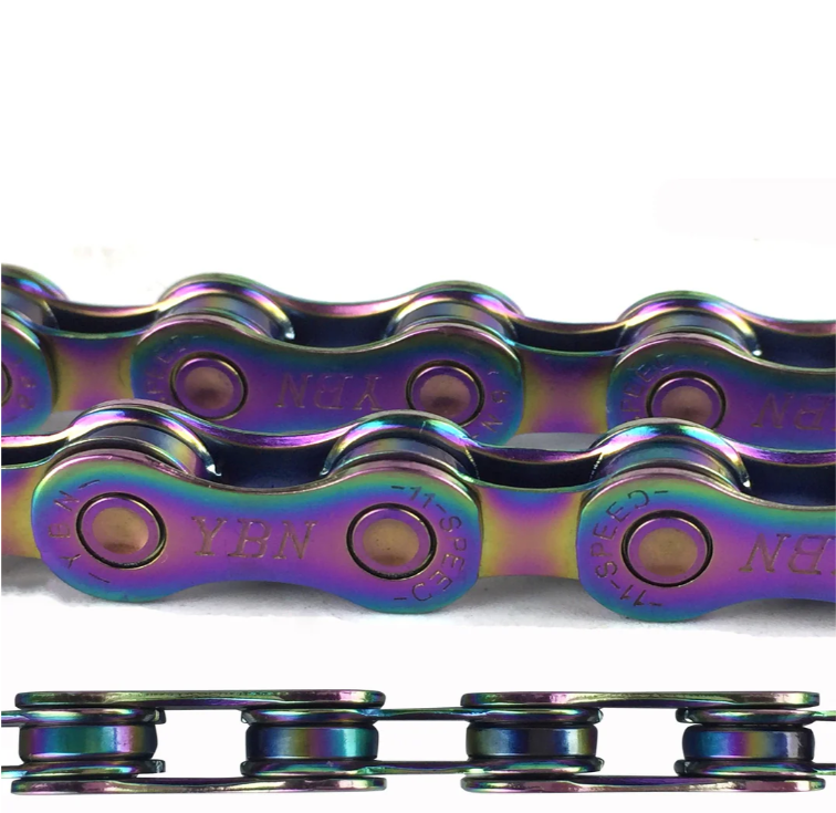 YBN S11 11-speed chain featuring solid pins, low-friction design, and durable rainbow finish for road and racing bike