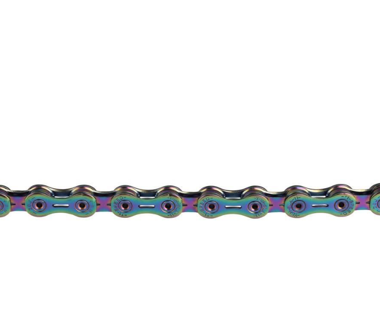 YBN S11 11-speed bicycle chain with rainbow oil-slick finish and solid pins
